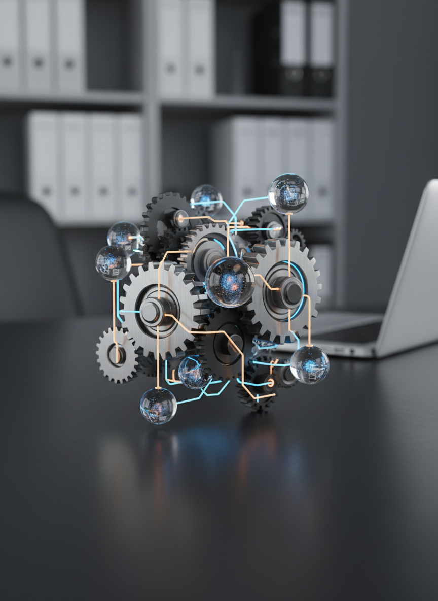 An intricate, three-dimensional network of metallic gears, circuit-board traces, and glowing data nodes arranged on a dark matte desk surface, symbolizing interconnected business processes. The gears are brushed steel and graphite black, interlocking precisely, while thin luminous lines of electric blue and soft amber connect translucent nodes resembling small glass spheres filled with data. A blurred background of a minimalist office shelf with neatly arranged binders and a closed laptop suggests an organized workspace. Directional studio lighting from the upper left casts defined yet soft shadows, highlighting textures and edges. Shot from a low, close-up angle with shallow depth of field, the mood is dynamic and innovative, conveying high-tech business reform and the integration of BPR, BI, and digital strategy in clean, photographic detail.