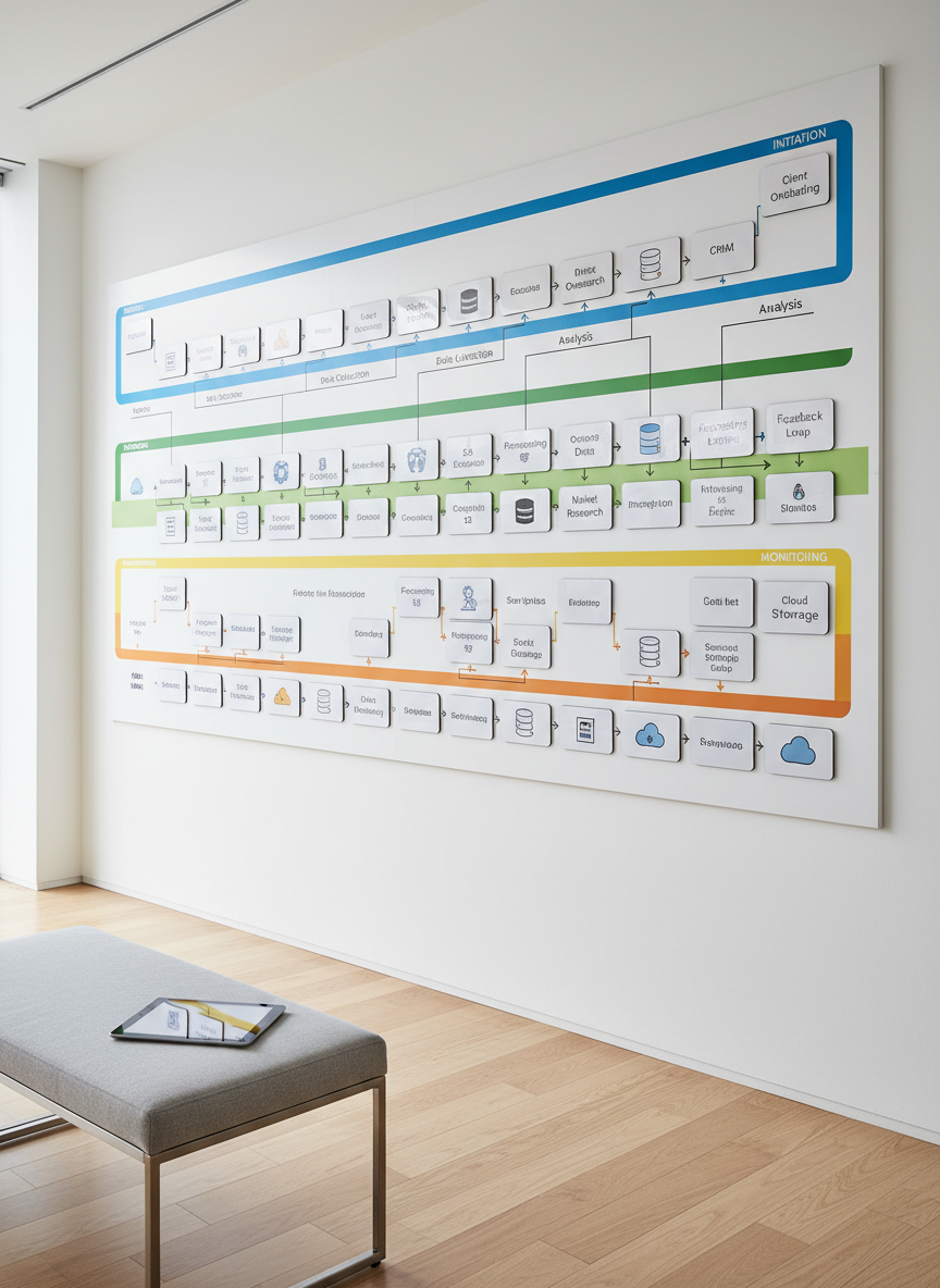 A long, whiteboard-style wall stretching across a bright meeting space, covered not with handwriting but with precisely printed process maps, color-coded swimlanes, and rearrangeable magnetic cards representing tasks and data points. Each card has clear icons of documents, databases, and connection arrows, forming an orderly workflow from left to right. The floor is light wood, and a simple steel-framed bench with a closed tablet rests in the foreground. Natural daylight pours in from unseen windows, diffused to avoid harsh shadows, creating a soft, inviting clarity. Photographic realism with an eye-level, wide-angle composition captures the full length of the wall, evoking structured thinking, collaborative BPR workshops, and the creation of “systems that actually work on the ground.”