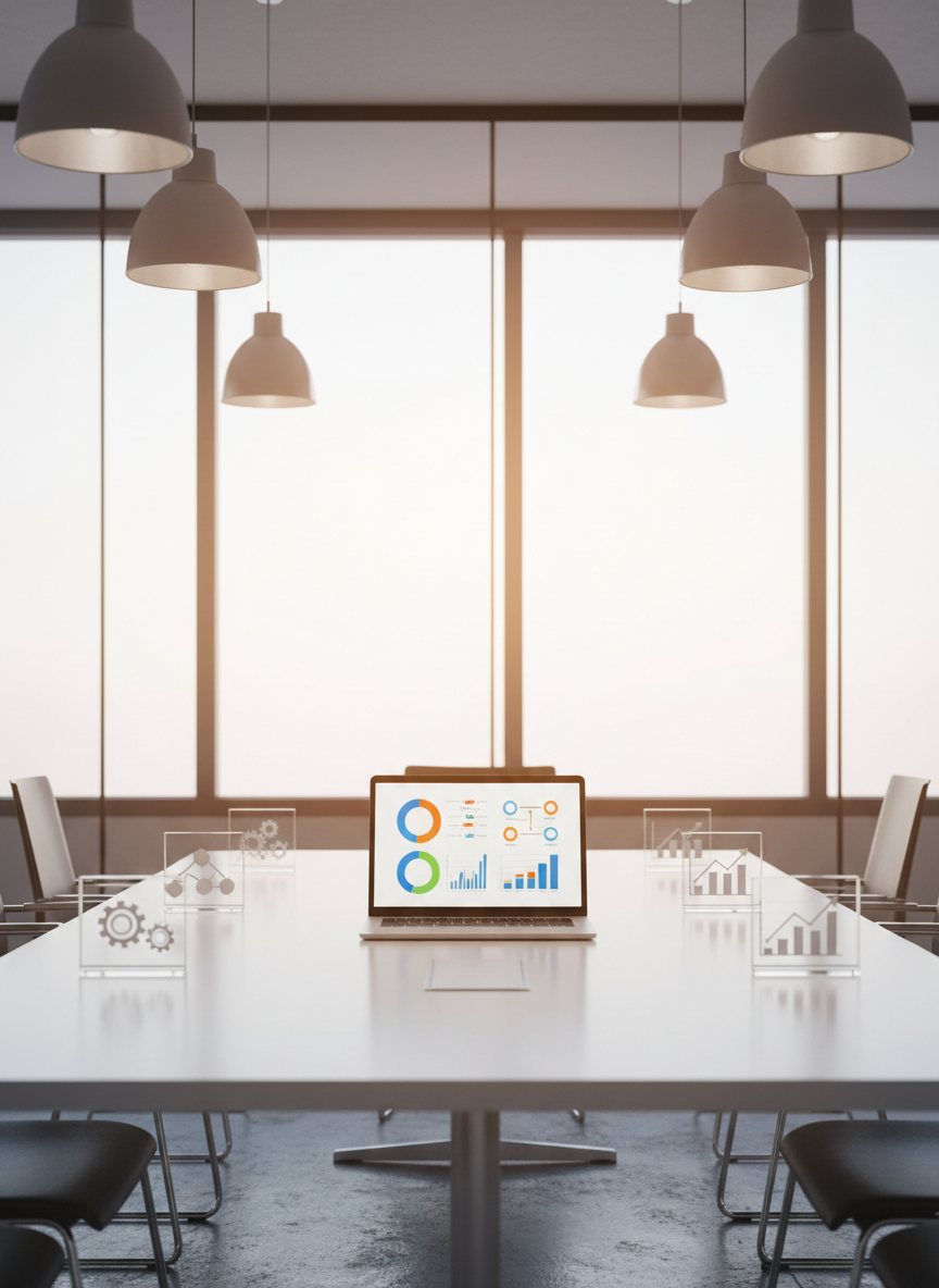 A sleek, glass-walled conference room table seen from a slightly elevated angle, its matte white surface completely clear except for a single, open laptop displaying a clean, colorful business dashboard of charts and process flow diagrams. Around the table, transparent acrylic nameplates show only icons of gears, graphs, and connection nodes instead of names, symbolizing processes, data, and partnerships. Soft daylight filters through large windows, reflecting gently off brushed metal fixtures and a polished concrete floor. The mood is calm, focused, and highly professional. Lighting is bright yet diffused, creating crisp, photographic realism with sharp focus throughout, minimalistic decor, and a modern corporate aesthetic that evokes structured business reform and organized information.