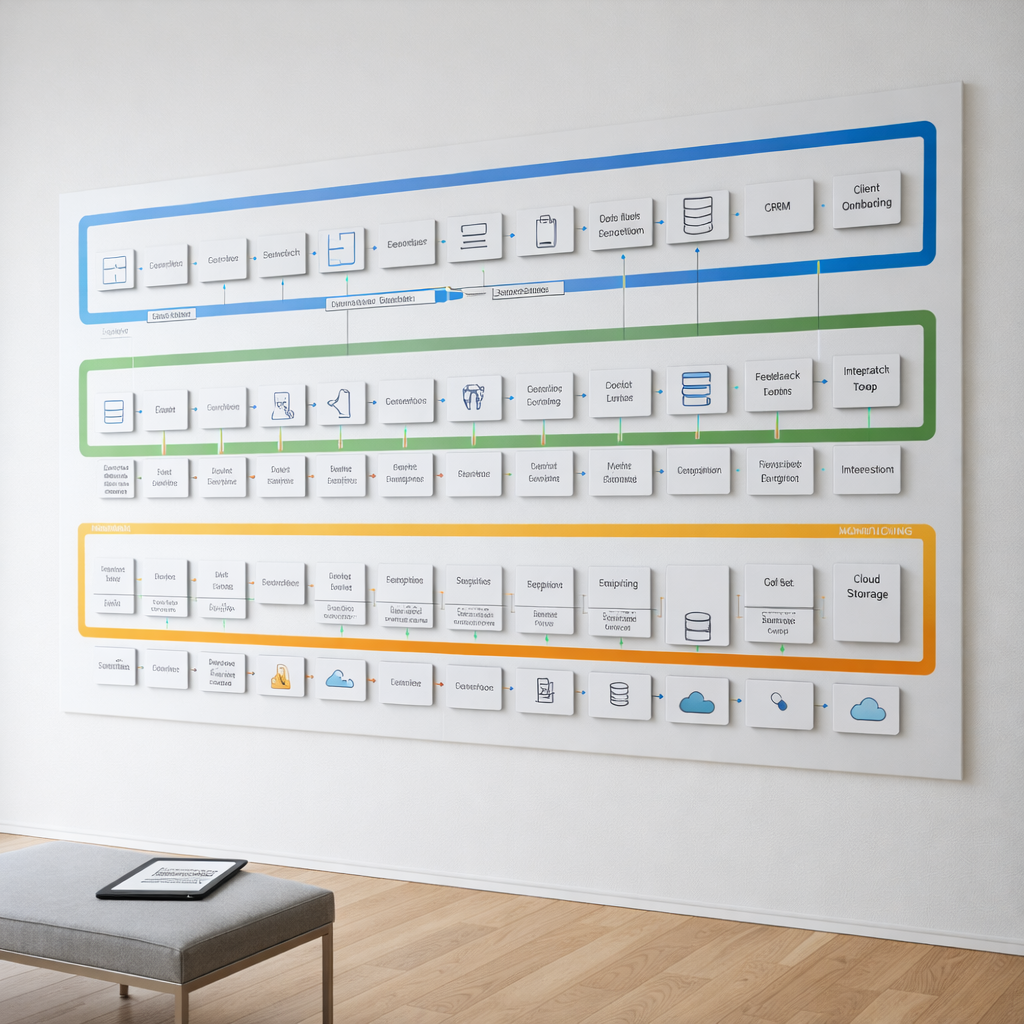 A long, whiteboard-style wall stretching across a bright meeting space, covered not with handwriting but with precisely printed process maps, color-coded swimlanes, and rearrangeable magnetic cards representing tasks and data points. Each card has clear icons of documents, databases, and connection arrows, forming an orderly workflow from left to right. The floor is light wood, and a simple steel-framed bench with a closed tablet rests in the foreground. Natural daylight pours in from unseen windows, diffused to avoid harsh shadows, creating a soft, inviting clarity. Photographic realism with an eye-level, wide-angle composition captures the full length of the wall, evoking structured thinking, collaborative BPR workshops, and the creation of “systems that actually work on the ground.”