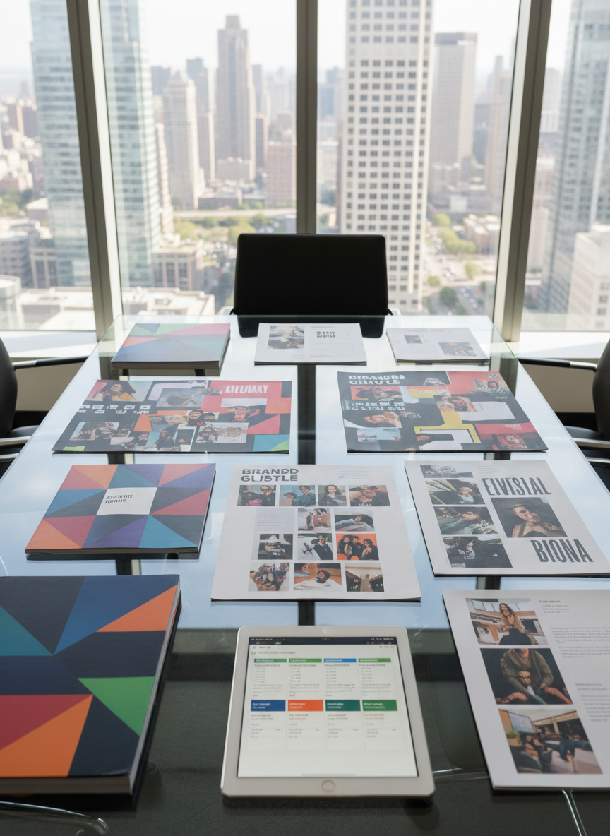 A polished glass-topped conference table in a modern office, covered with neatly arranged printed mood boards, brand style guides, and social media content mockups, all featuring bold colors and clean typography. A slim silver tablet rests in the center, displaying a visual content calendar with organized posts and scheduled campaigns. Natural daylight streams through floor-to-ceiling windows, reflecting softly on the glass surface and illuminating the documents. The background reveals a blurred city skyline, adding a sense of scale and ambition. Photographed from a slightly overhead angle with moderate depth of field, the composition feels structured and balanced. The photographic realism and minimalist, corporate aesthetic evoke strategic planning and high-level influencer brand support.